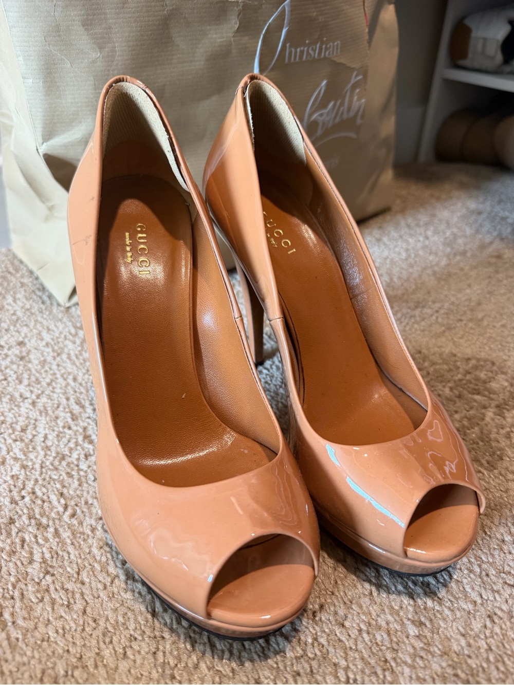 Gucci Peach Patent Leather Peep-Toe Heels